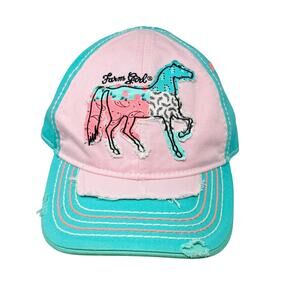 Farm Girl Horse Hat 'Farm God' Adjustable Cotton Baseball Cap Pink and Aqua